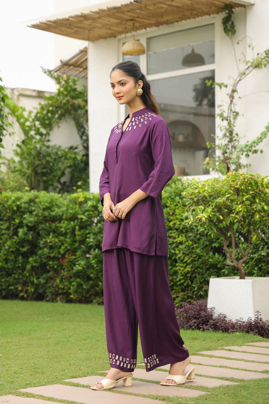 Plum Mirror Hand Work Co-ord Set