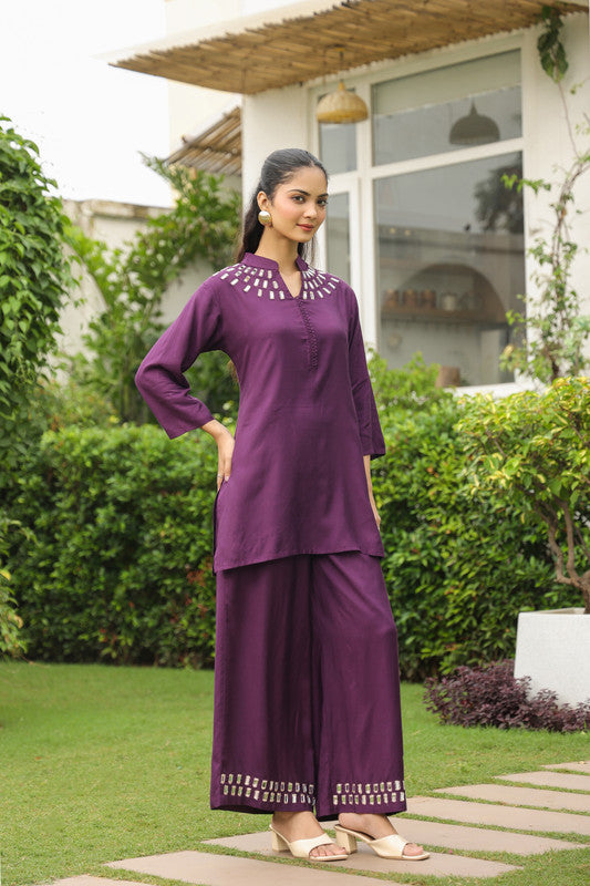 Plum Mirror Hand Work Co-ord Set