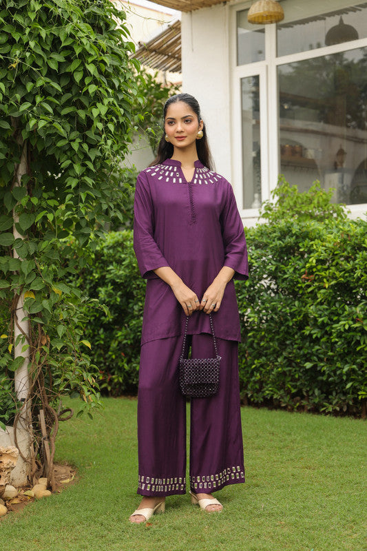 Plum Mirror Hand Work Co-ord Set