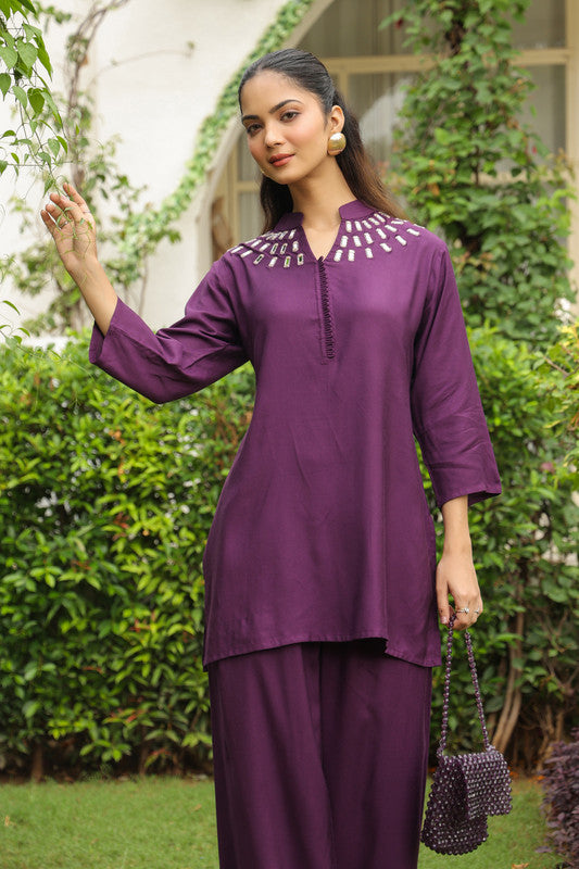 Plum Mirror Hand Work Co-ord Set