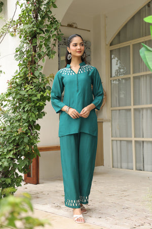 Teal Mirror Work Russian Silk Co-ord Set