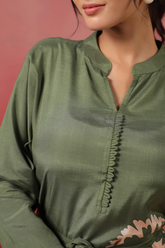 Elegant Green Floral A-Line Midi Russian Silk Dress