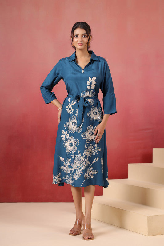 Blue Floral Midi Russian Silk Dress with Tie-Up Belt