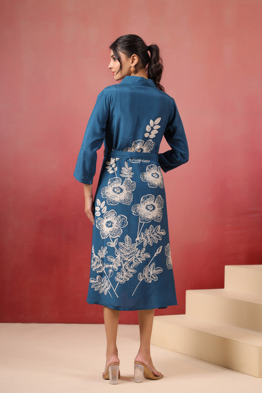 Blue Floral Midi Russian Silk Dress with Tie-Up Belt