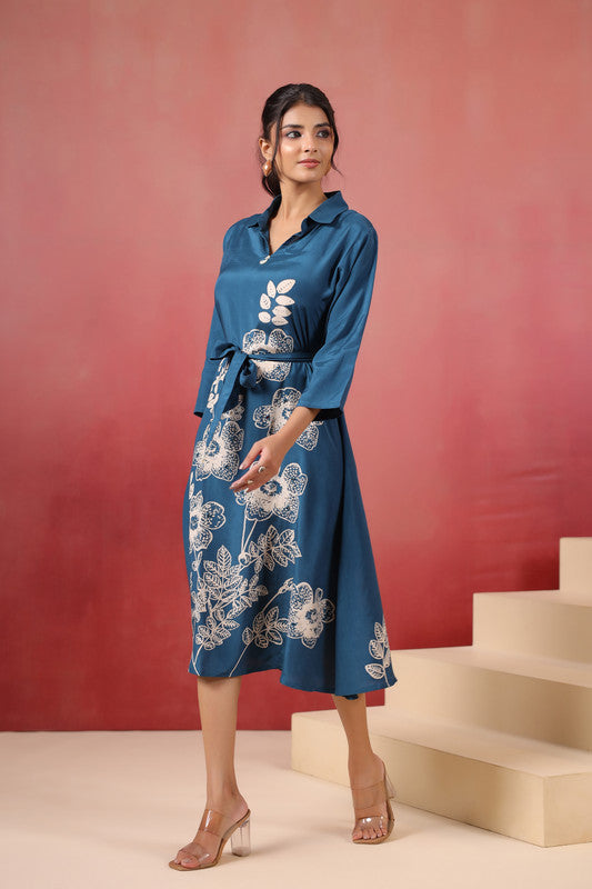 Blue Floral Midi Russian Silk Dress with Tie-Up Belt
