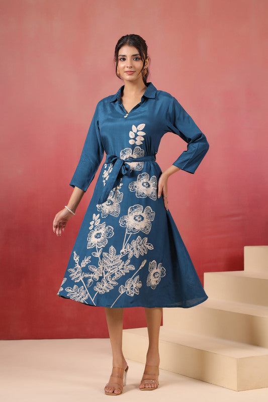 Blue Floral Midi Russian Silk Dress with Tie-Up Belt
