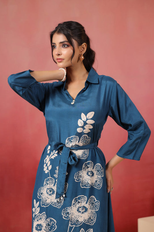 Blue Floral Midi Russian Silk Dress with Tie-Up Belt