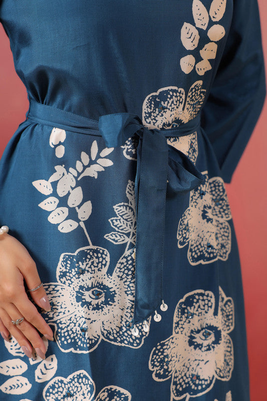 Blue Floral Midi Russian Silk Dress with Tie-Up Belt