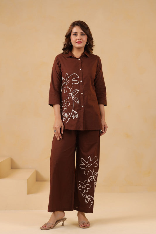 Cocoa Brown Floral Embroidered Cotton Co-Ord Set