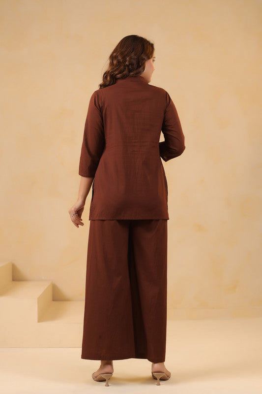 Cocoa Brown Floral Embroidered Cotton Co-Ord Set