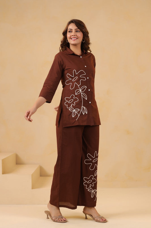 Cocoa Brown Floral Embroidered Cotton Flex Co-Ord Set