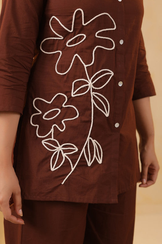 Cocoa Brown Floral Embroidered Cotton Flex Co-Ord Set