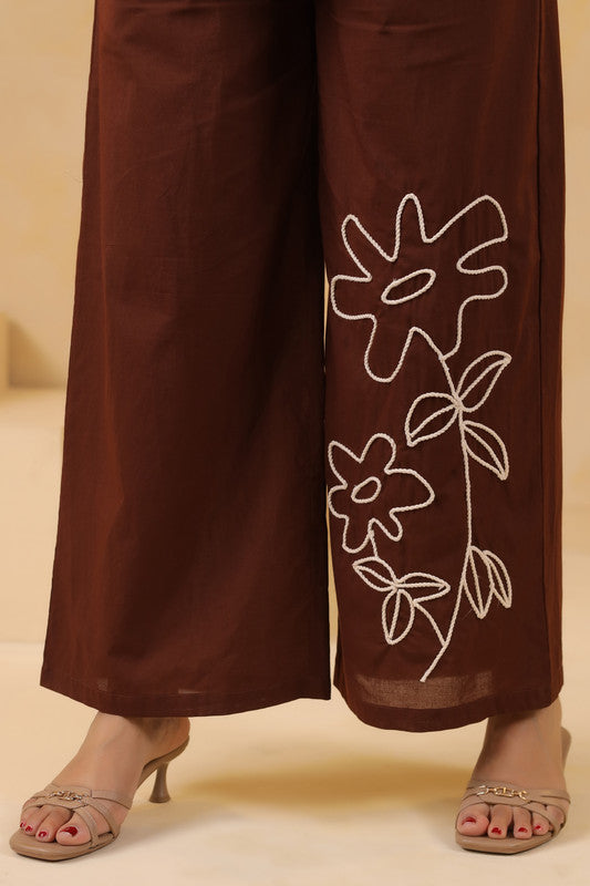 Cocoa Brown Floral Embroidered Cotton Flex Co-Ord Set