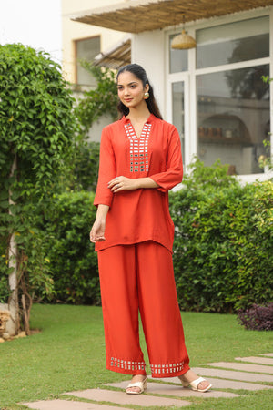 Rust Mirror Detail Solid Russian Silk Co-ord Set