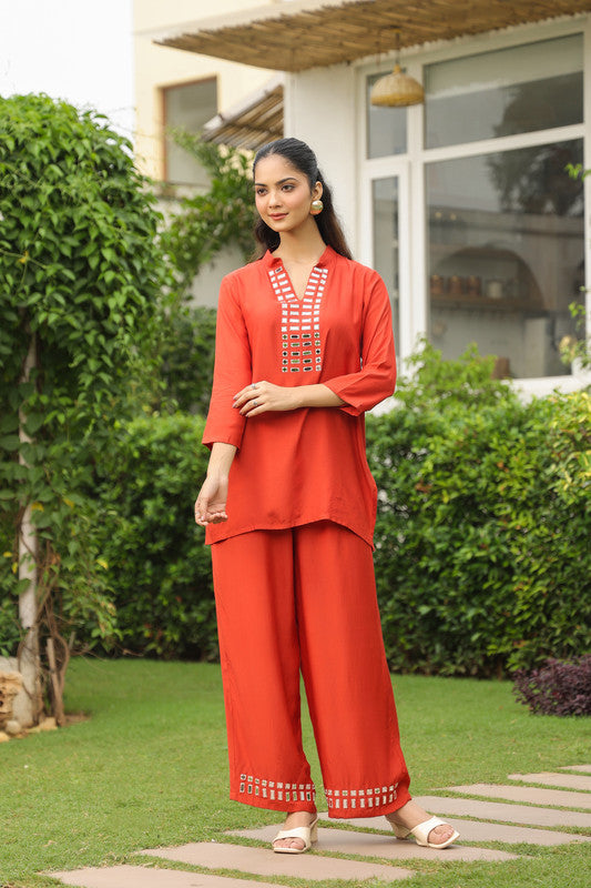 Rust Mirror Detail Solid Russian Silk Co-ord Set