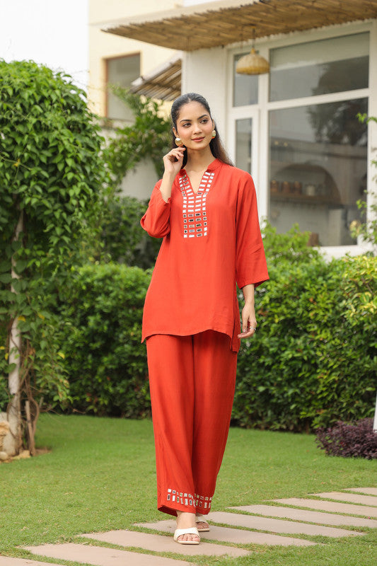 Rust Mirror Detail Solid Russian Silk Co-ord Set