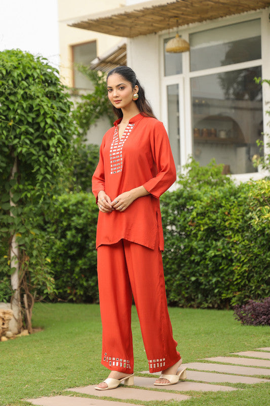 Rust Mirror Detail Solid Russian Silk Co-ord Set