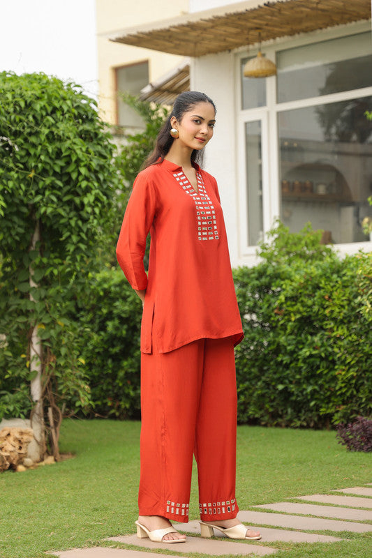 Rust Mirror Detail Solid Russian Silk Co-ord Set