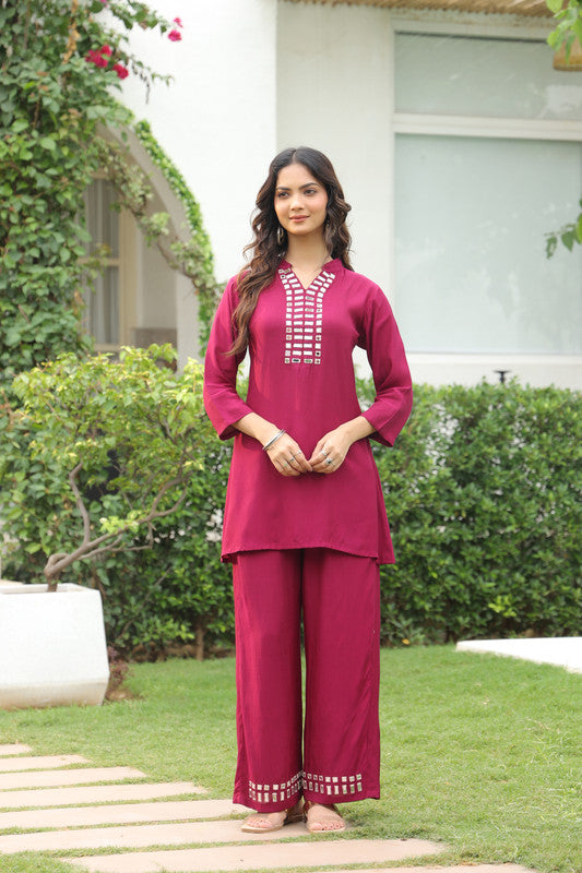 Purple Mirror Work Russian Silk Co-ord Set