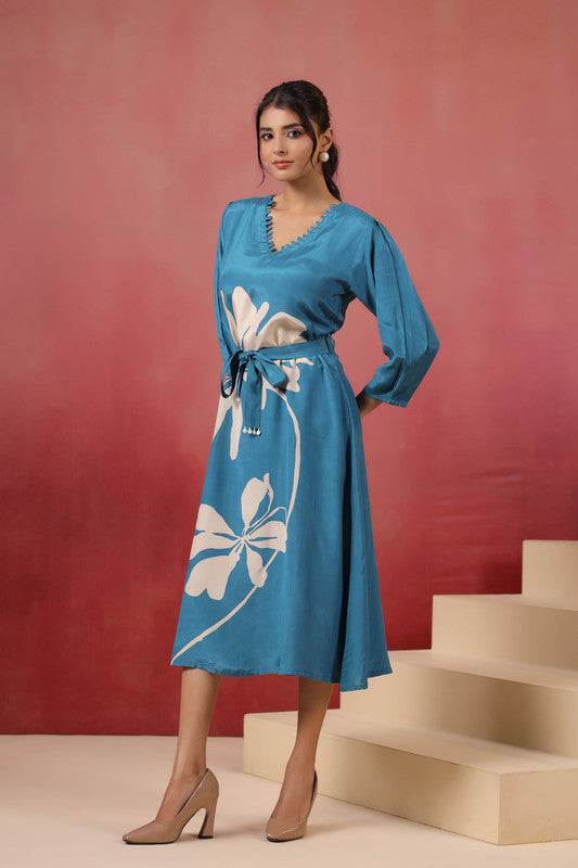 Blue Floral Midi Dress Russian Silk with Tie-Up Belt