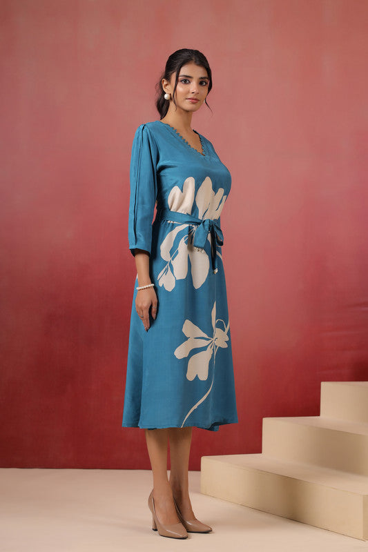 Blue Floral Midi Dress Russian Silk with Tie-Up Belt