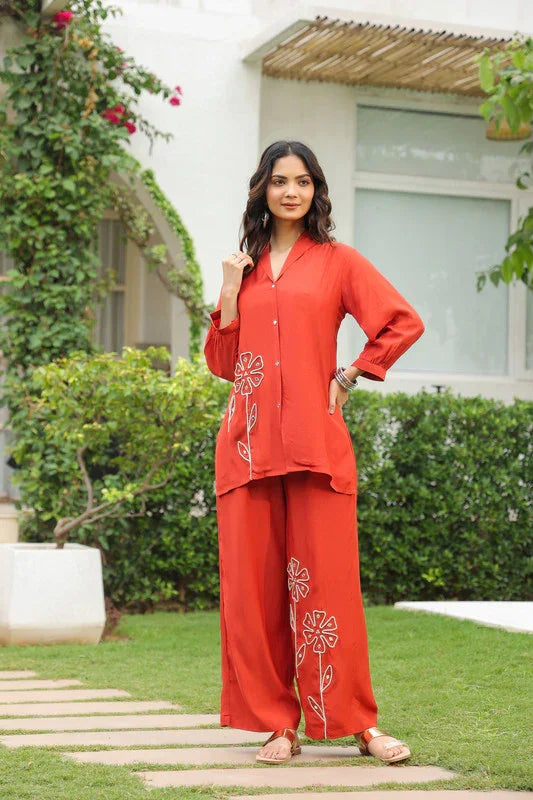 Rusty Bloom Embroidered Russian Silk Co-ord Set