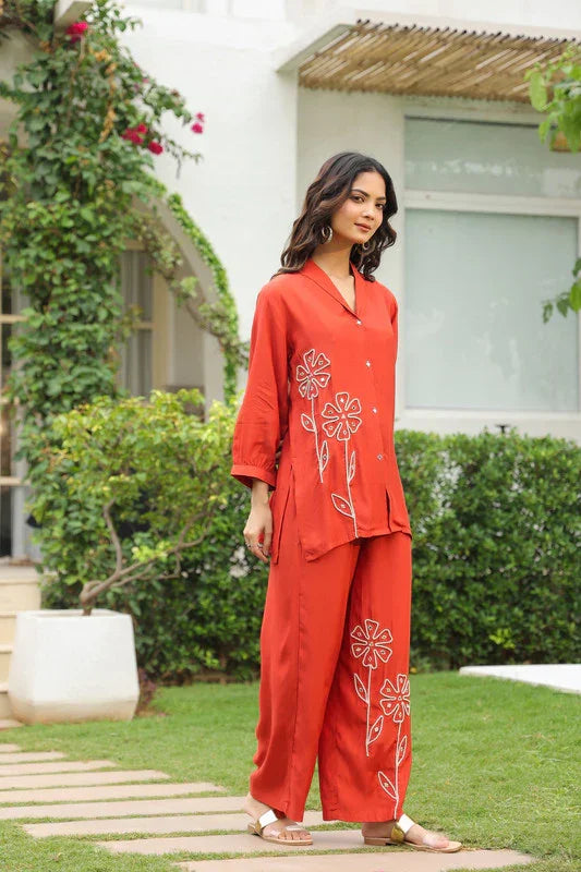 Rusty Bloom Embroidered Russian Silk Co-ord Set