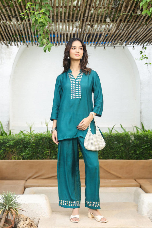 Elegant Teal Handcrafted Mirror-Work Russian Silk Co-ord Set