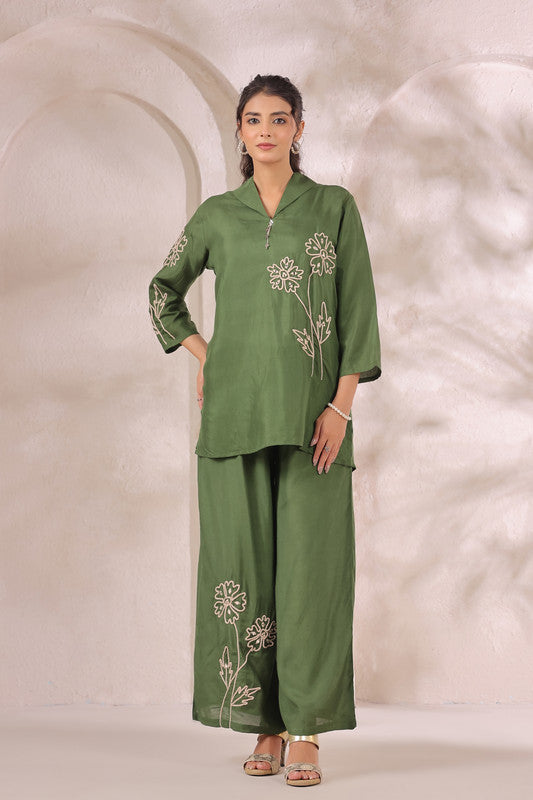 Olive Green Floral Embroidered Russian Silk Co-ord Set