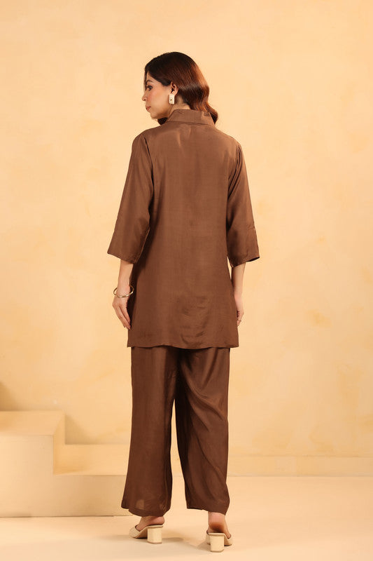Brown and White Floral Embroidery Russian Silk Co-ord Set
