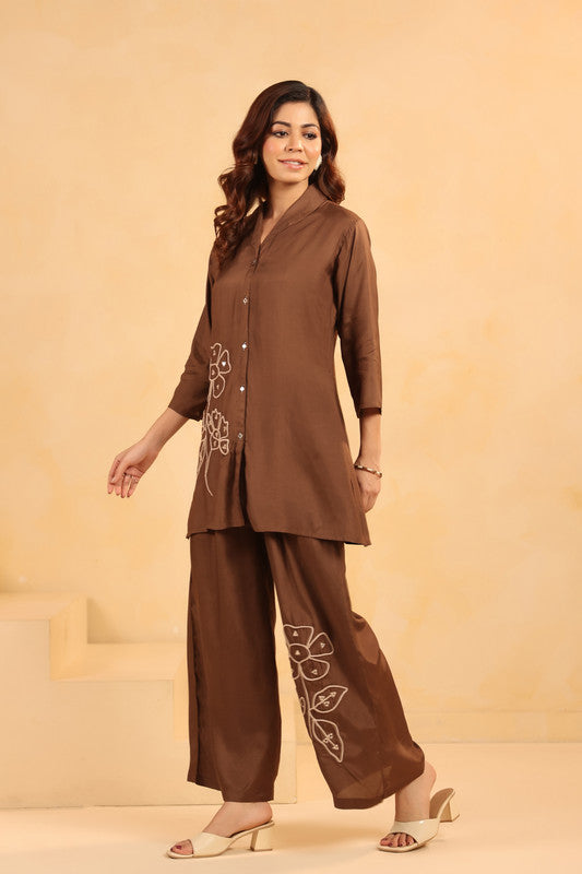 Brown and White Floral Embroidery Russian Silk Co-ord Set