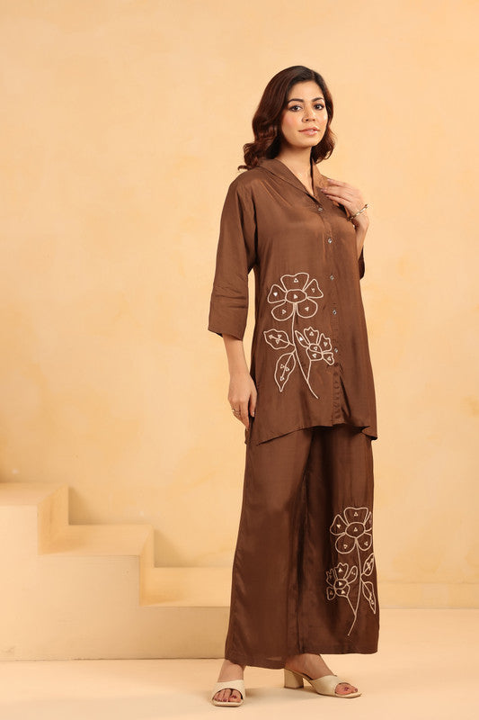 Brown and White Floral Embroidery Russian Silk Co-ord Set