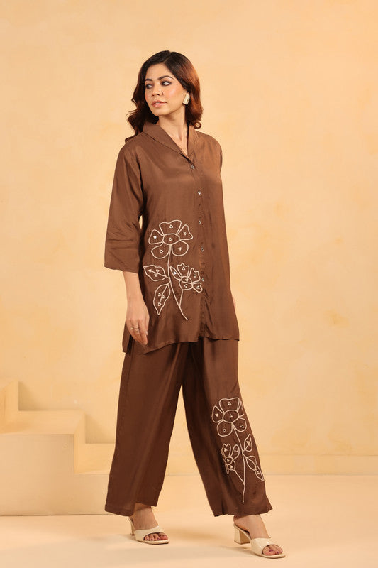 Brown and White Floral Embroidery Russian Silk Co-ord Set