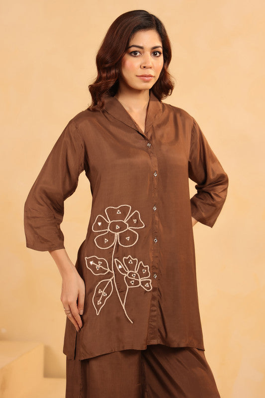 Brown and White Floral Embroidery Russian Silk Co-ord Set