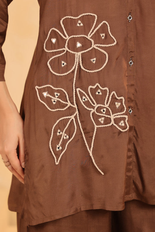 Brown and White Floral Embroidery Russian Silk Co-ord Set