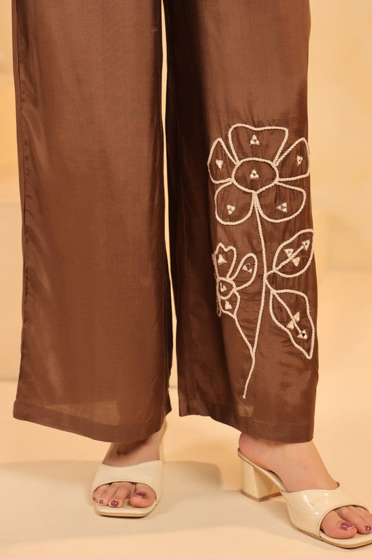 Brown and White Floral Embroidery Russian Silk Co-ord Set