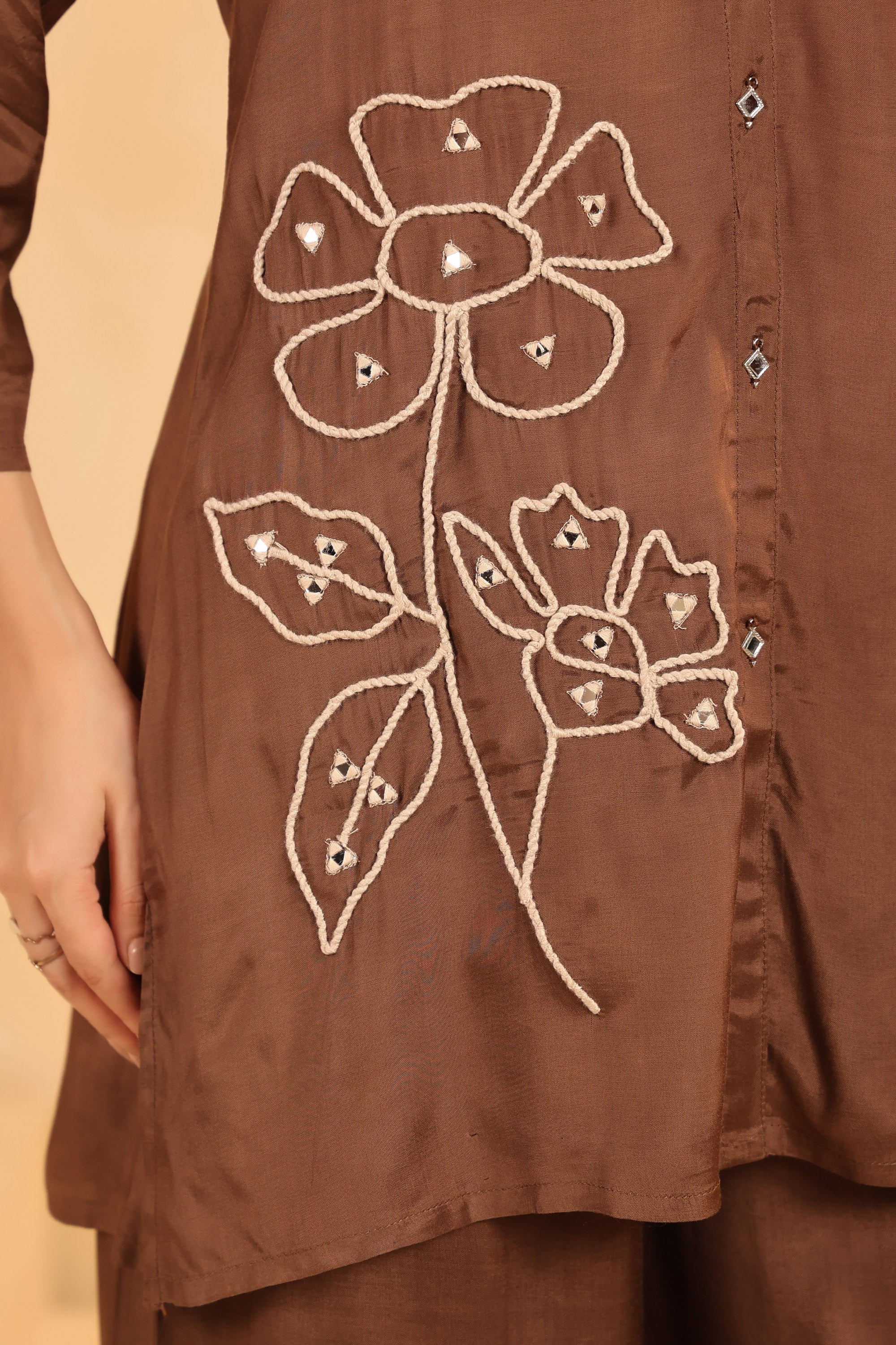 Mocha Floral Hand Embroidered Russian Silk Co-ord Set