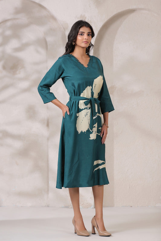 Teal Floral Midi Russian Silk Dress with Tie-Up Belt
