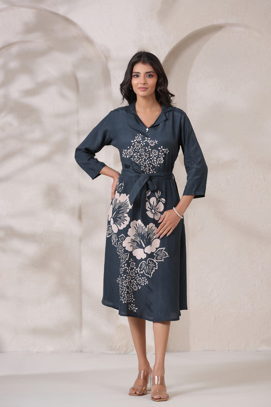 Navy Floral Midi Russian Silk Dress with Tie-Up Belt