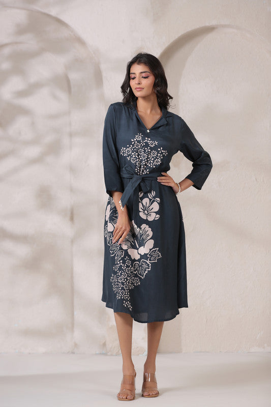 Navy Floral Midi Russian Silk Dress with Tie-Up Belt