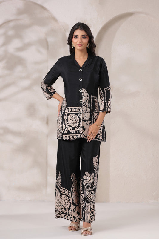 Black Paisley Printed Russian Silk Co-ord Set
