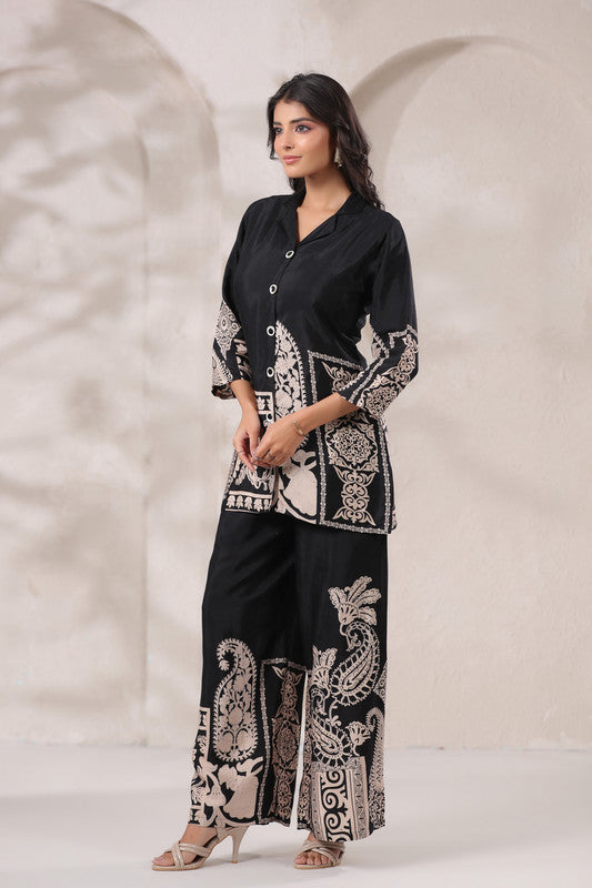 Black & Beige Ornate Printed Russian Silk Co-Ord Set
