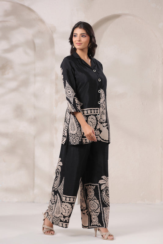 Black Paisley Printed Russian Silk Co-ord Set