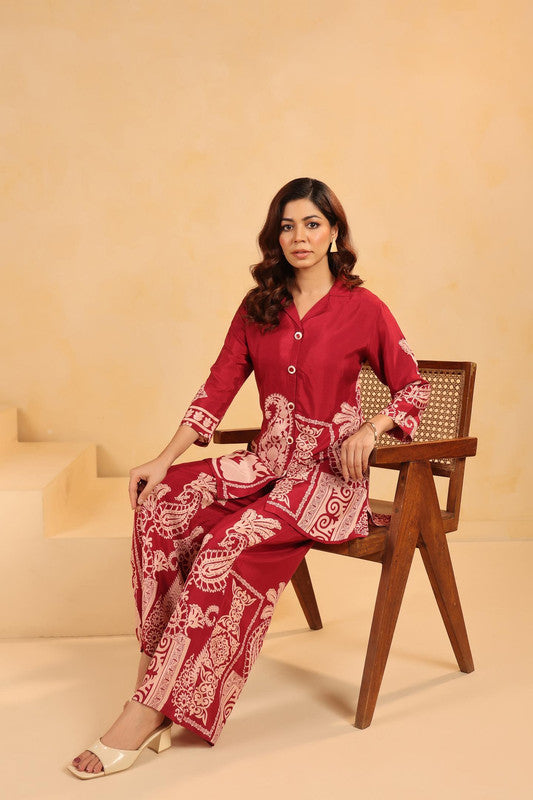 Bohemian Paisley in Maroon Printed Russian Silk Co-ord Set