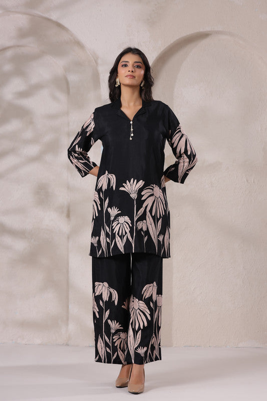 Black Daisy Floral Printed Russian Silk Co-Ord Set