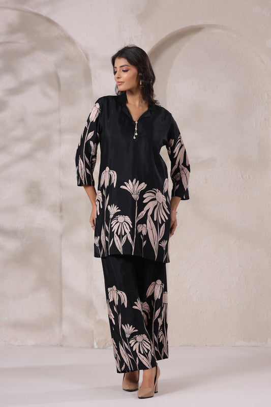 Black Daisy Floral Printed Russian Silk Co-Ord Set