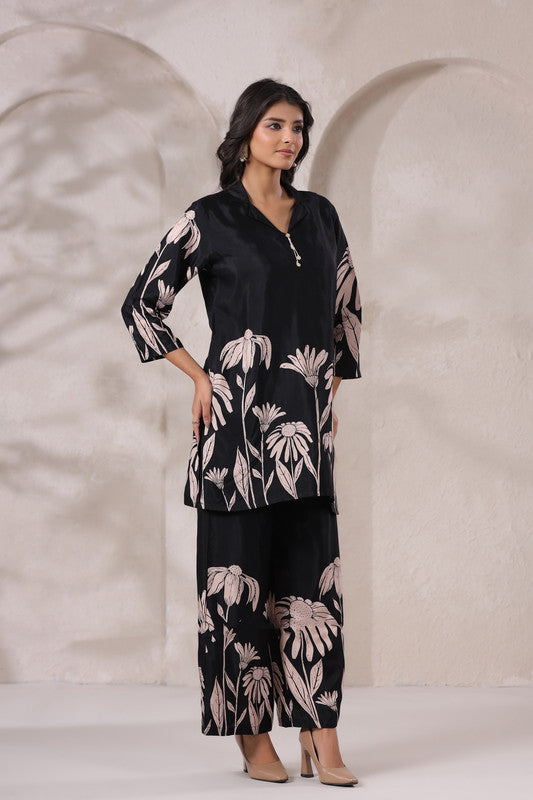 Black Daisy Floral Printed Russian Silk Co-Ord Set