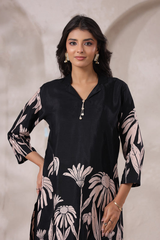 Black Daisy Floral Printed Russian Silk Co-Ord Set