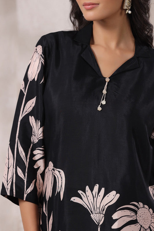 Black Daisy Floral Printed Russian Silk Co-Ord Set