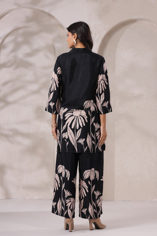 Black Daisy Floral Printed Russian Silk Co-ord Set